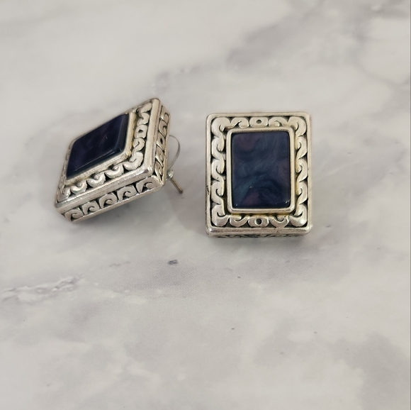 Silver and Blue Stone rectangle Framed Earrings - Picture 3 of 4